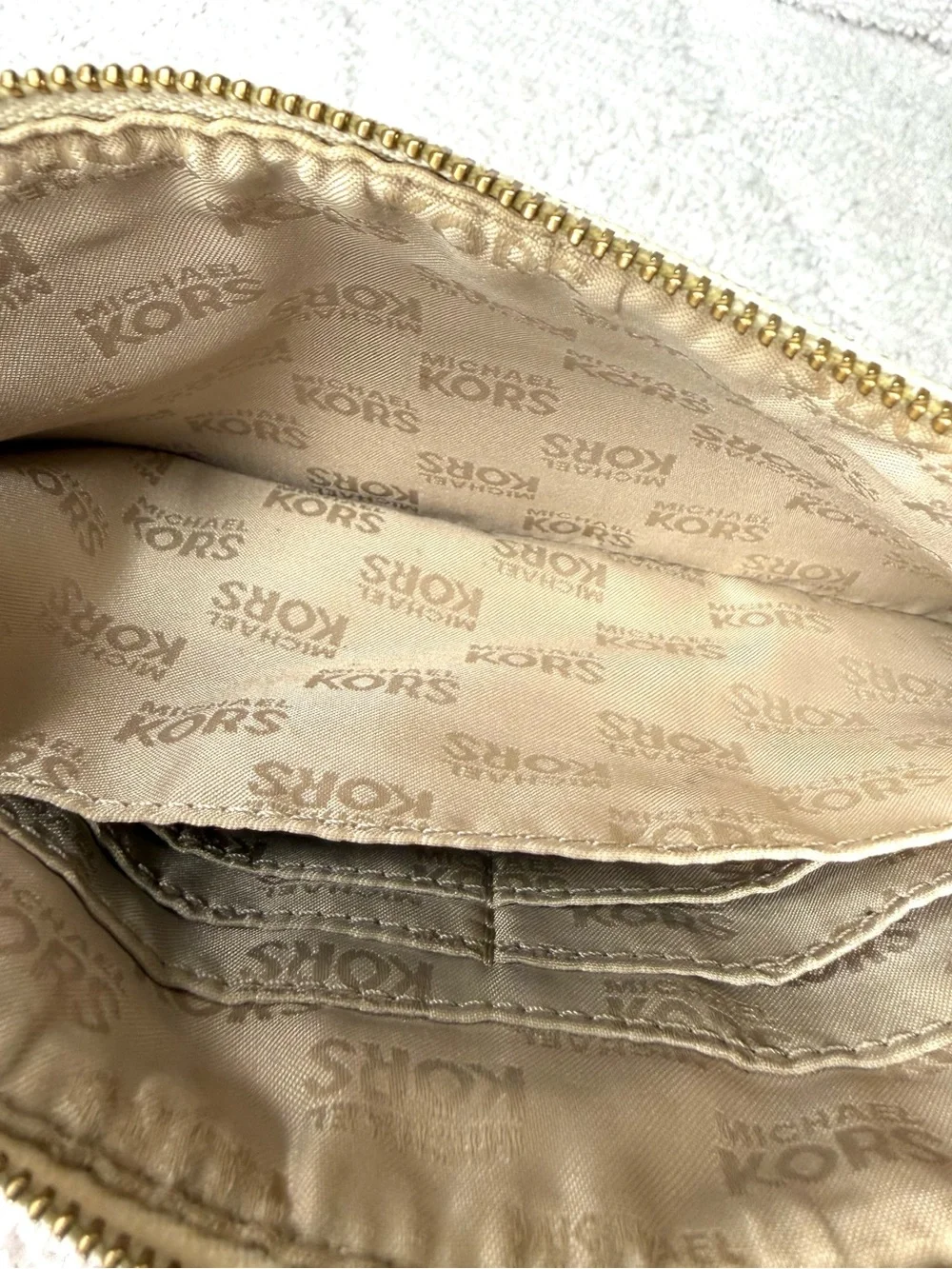 Michael Kors Vanilla MK Signature Wristlet Brown Trim Gold Logo Clutch